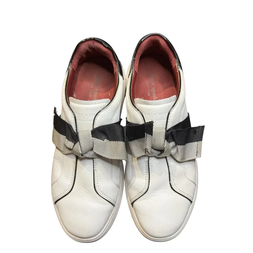 Kate Spade Lexi Shoes Womens‎ Size 7 White Leather Striped Bow Slip On Sneakers